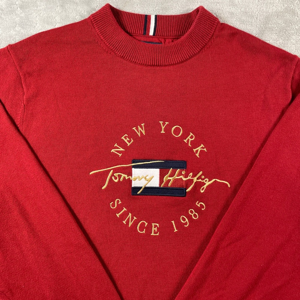 Tommy Hilfiger Sweater Mens XL Red Crewneck Embroidered Logo Preppy Casual - Picture 2 of 11